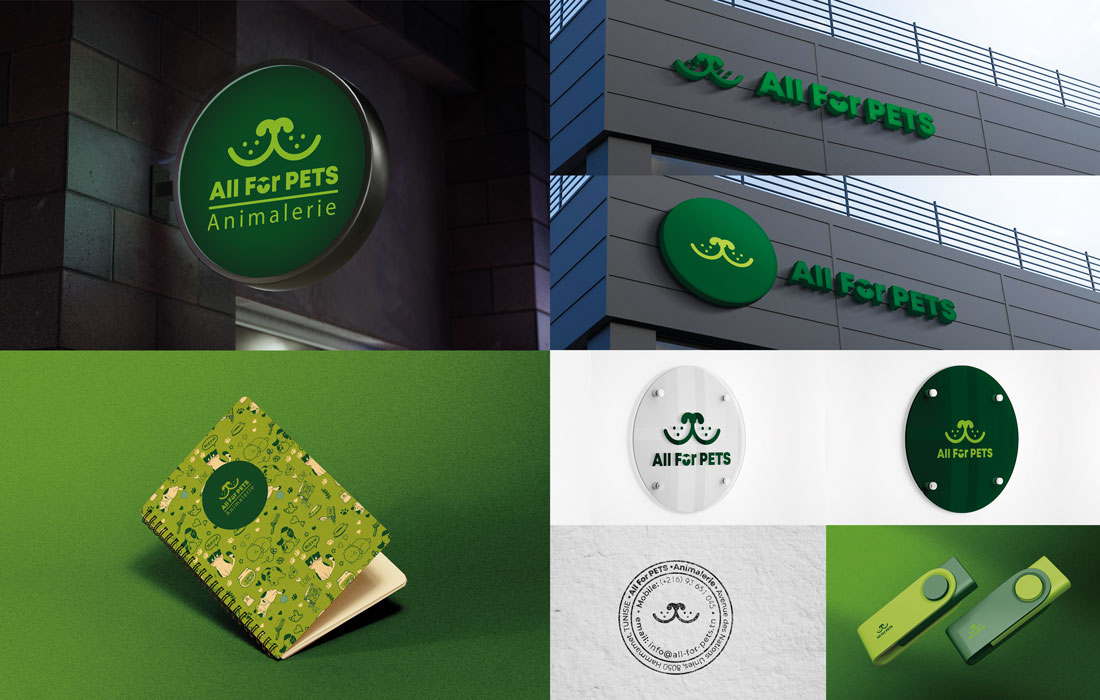 Création logo Tunisie pour l'animalerie All For Pets. Des déclinaisons logo en diverses enseignes (en drapeau et sur façade) et panneaux de signalisation circulaire en plexi. Des simulations logo en tampon et sur Flash-disque. Des Créations inkconception.