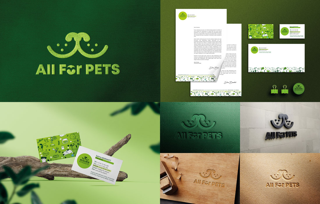 Création logo Tunisie pour l'animalerie All For Pets. Des déclinaisons logo sur papeterie. Des simulations logo sur cuir, en relief 3D, gravé sur du bois et gaufrage en creux sur papier. Des réalisations inkconception.
