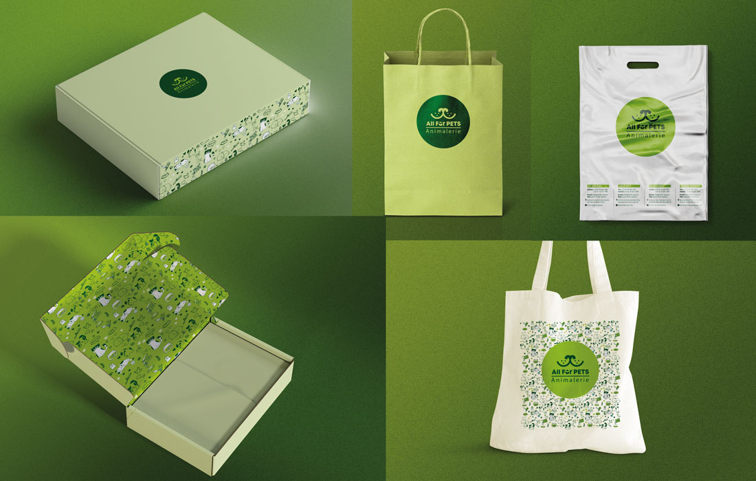 Création logo Tunisie pour l'animalerie All For Pets. Des déclinaisons logo sur packaging (Box en caron, sac en kraft, sac en plastique et Tote Bag). Des Créations inkconception.
