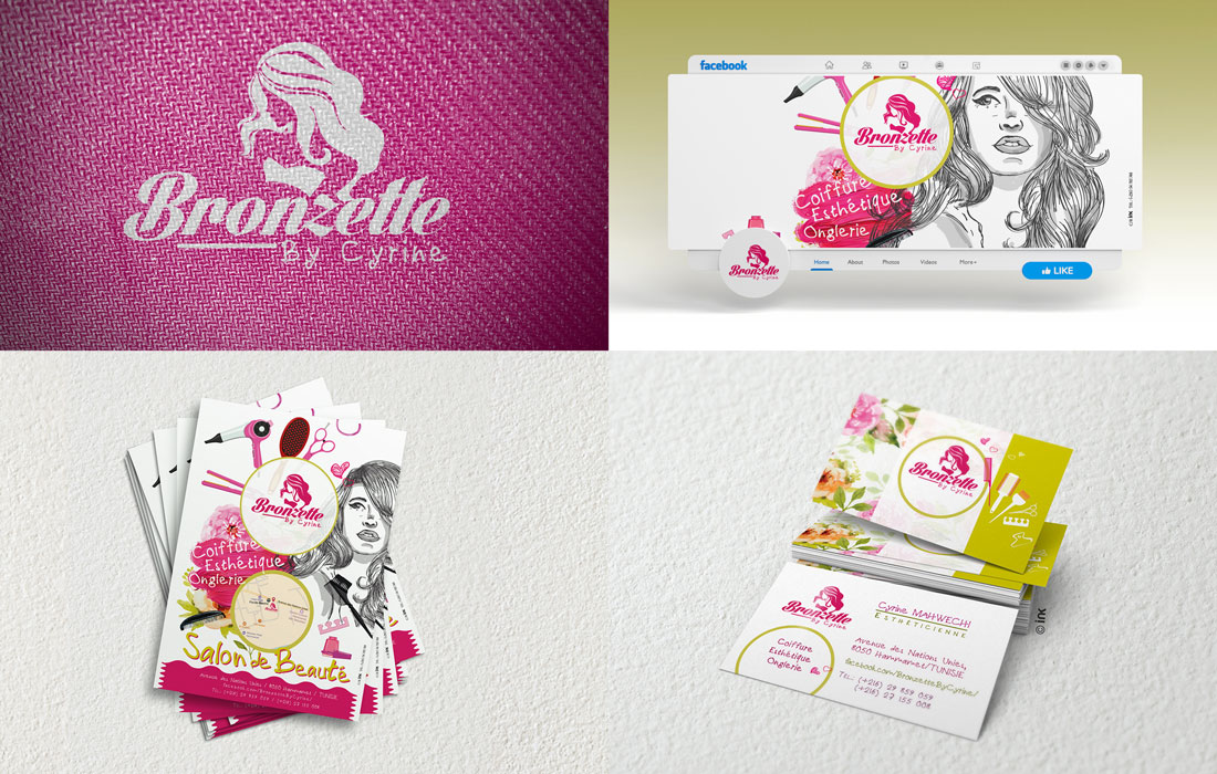 Création logo Tunisie pour Bronzette By Cyrine, Salon de beauté à Hammamet. Des déclinaisons logo : cartes de visites, flyers, couverture page facebokk officielle. Des réalisations ink conception.