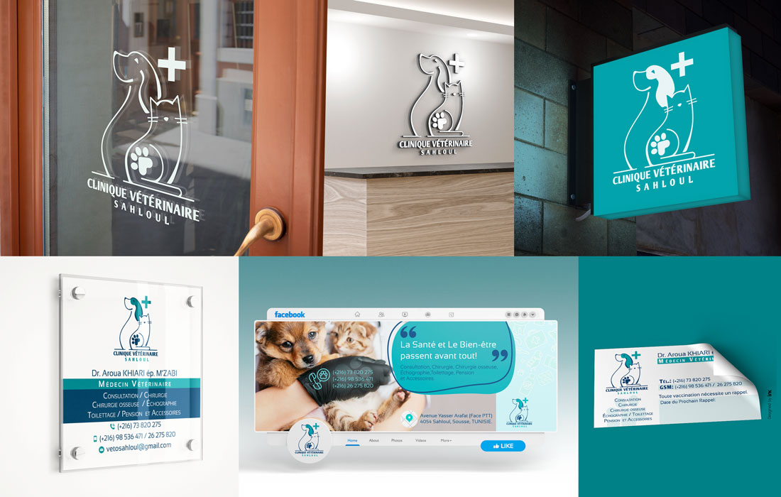Création logo Tunisie pour la Clinique Vétérinaire Sahloul à Sousse. Des déclinaisons logo en enseigne lumineuse et non lumineuse, autocollant et sur bannière page facebook. Des réalisations inkconception.