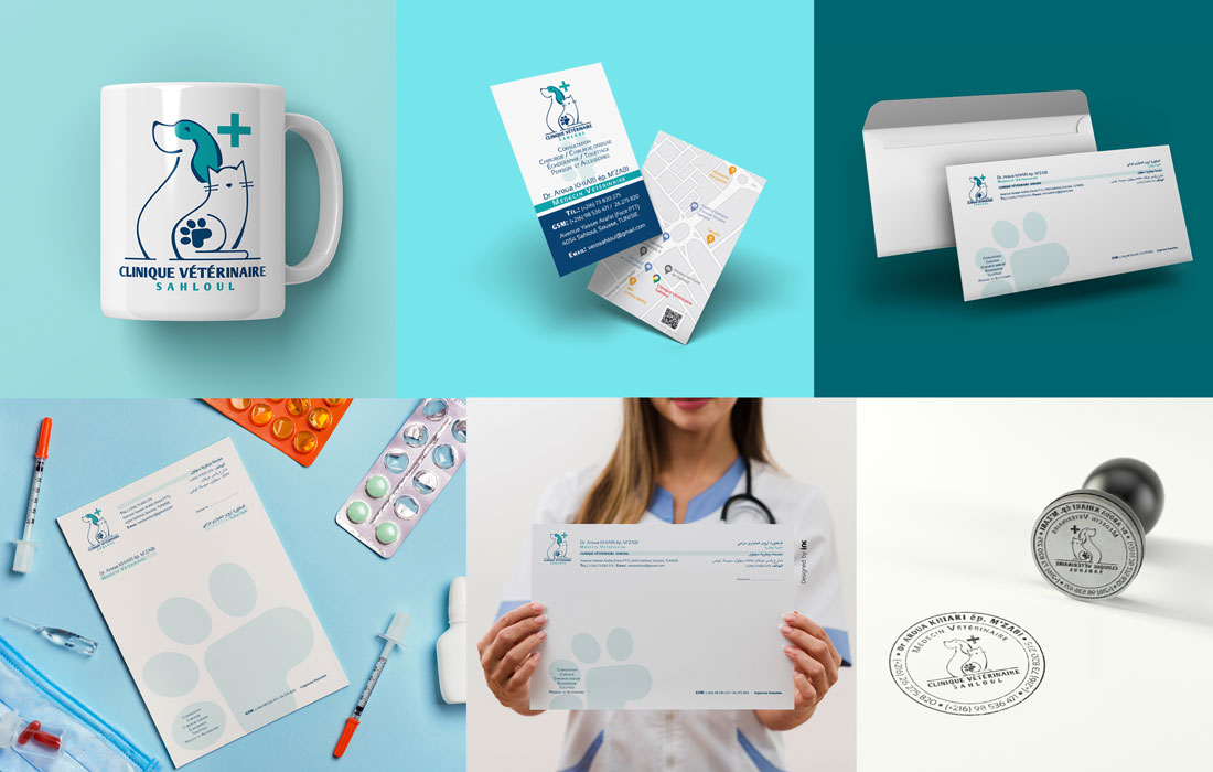 Création logo Tunisie pour la Clinique Vétérinaire Sahloul à Sousse. Des déclinaisons logo sur mug, carte de visites, enveloppe, entête et cachet administratif. Des réalisations inkconception.