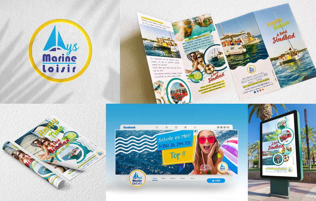 Création logos Tunisie pour Mys Marine Loisirs, une agence maritime au port Yasmine Hammamet. Des déclinaisons logo sur flyers, dépliants, affiche et couverture facebook de la page officielle. Des réalisations inkconception.