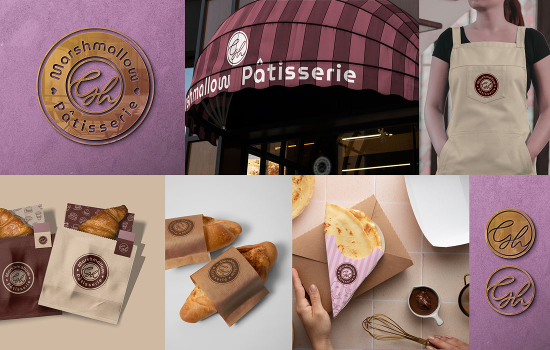 Création logo Tunisie - Marshmallow Gh Pâtisserie : Logo circulaire et monogramme décliné sur enseigne, packaging alimentaire et tablier. Identité gourmande Ink Conception.