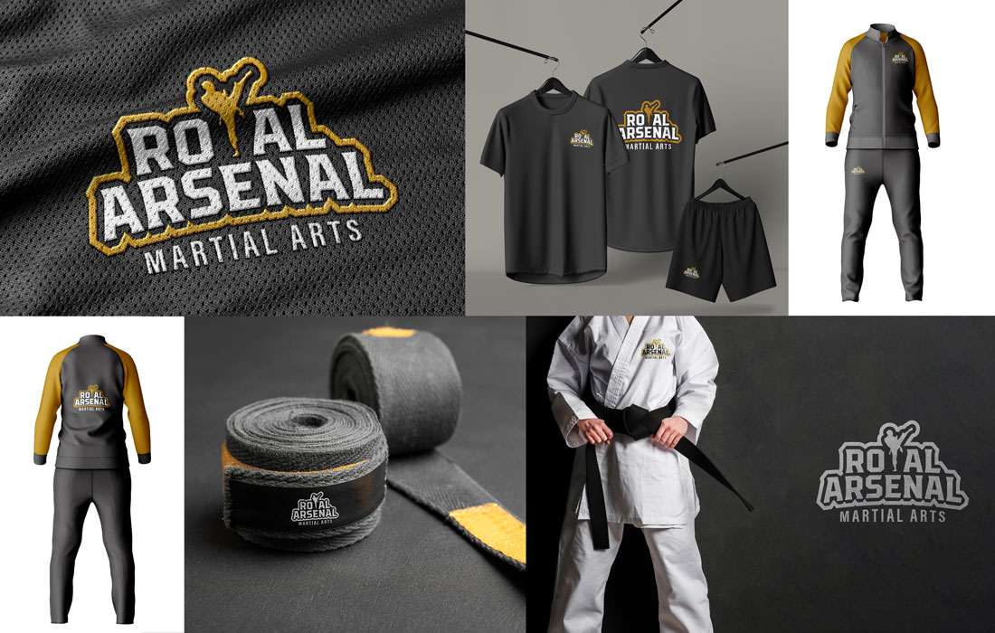 Création logo Tunisie - Royal Arsenal Martial Arts (Dubaï) : Logo brodé sur tissu, appliqué sur kimono, t-shirts, shorts et bandes de poing. Design Ink Conception.