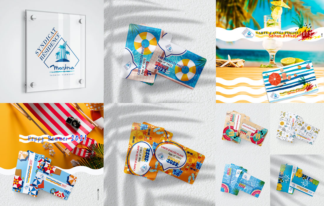 Création logo Tunisie pour le Syndicat Résidence Marina Yasmine Hammamet et déclinaison sur diverses cartes pvc pour accès piscine et plage. Une réalisation ink conception.