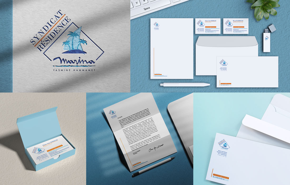 Création logo Tunisie pour le syndicat résidence Marina Yasmine Hammamet et déclinaisons sur papeterie, carte de visite, entête et enveloppes. Une réalisation ink conception.