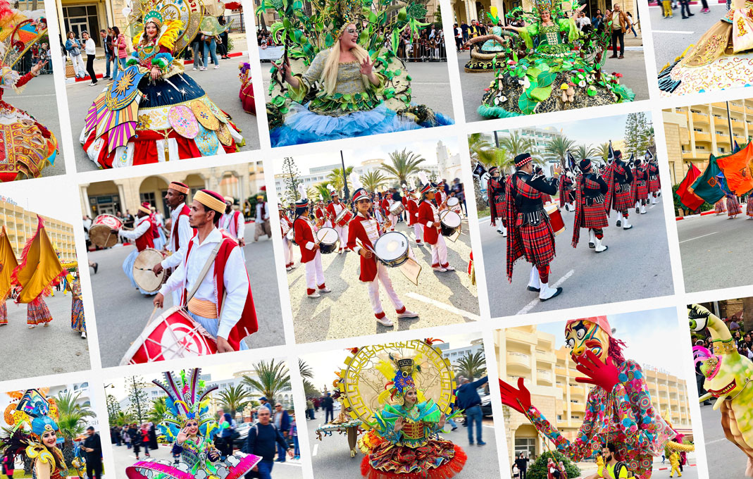 Port Yasmine Hammamet - Carnaval festif : mosaïque de clichés costumes mythologiques, musiciens traditionnels et ambiance vibrante près du port. Couverture digitale Ink Conception.