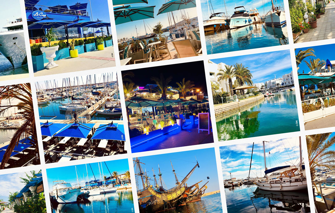 Port Yasmine Hammamet photos en mosaïque : Restaurant, terrasses, promenade, yacht, voiliers. Ambiance de jour et nuit signée ink conception.