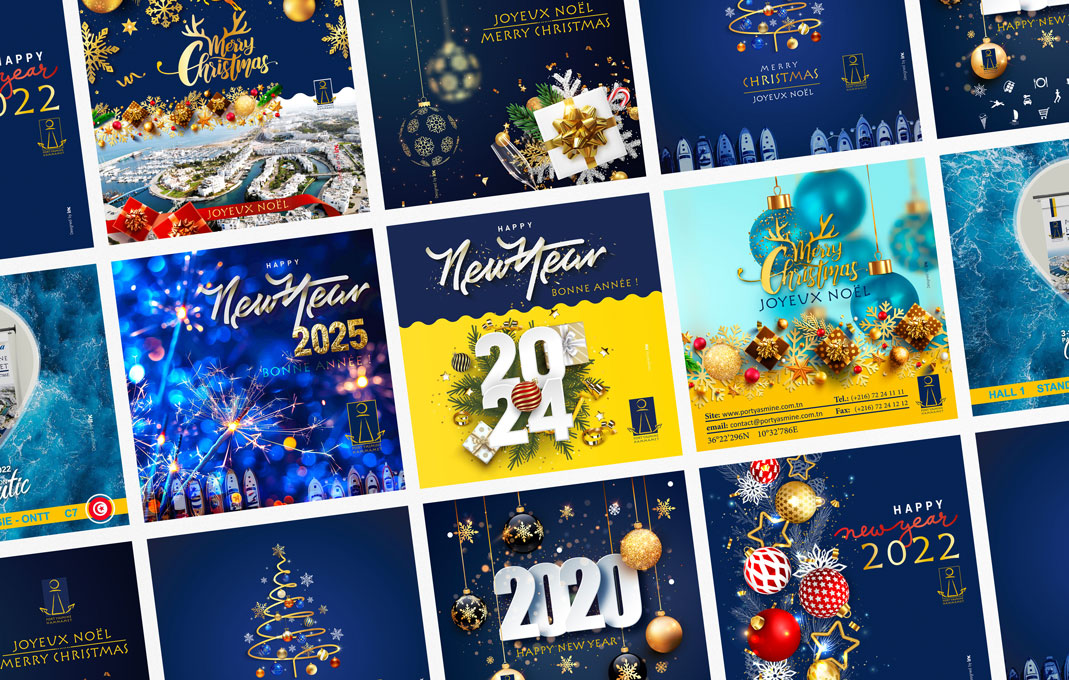 Port Yasmine Hammamet posts facebook pour les fêtes de fin d'années. Créations festives signées ink conception.