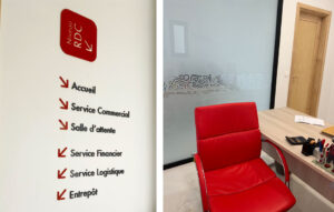 Distripets - Sablage vitre et signalétique directionnelle administration. Projet ink Conception.