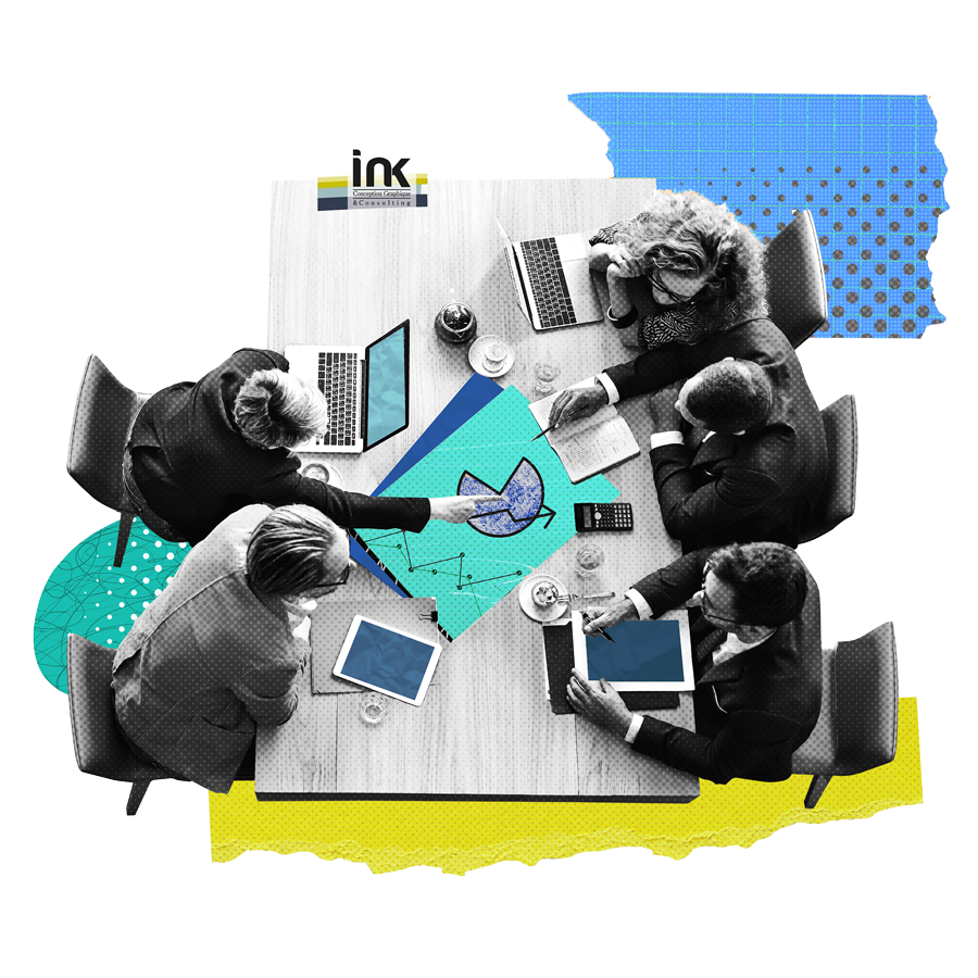 Agence de communication tunisie - Ink Conception : équipe en réunion stratégique, analysant des concepts créatifs pour un projet client.