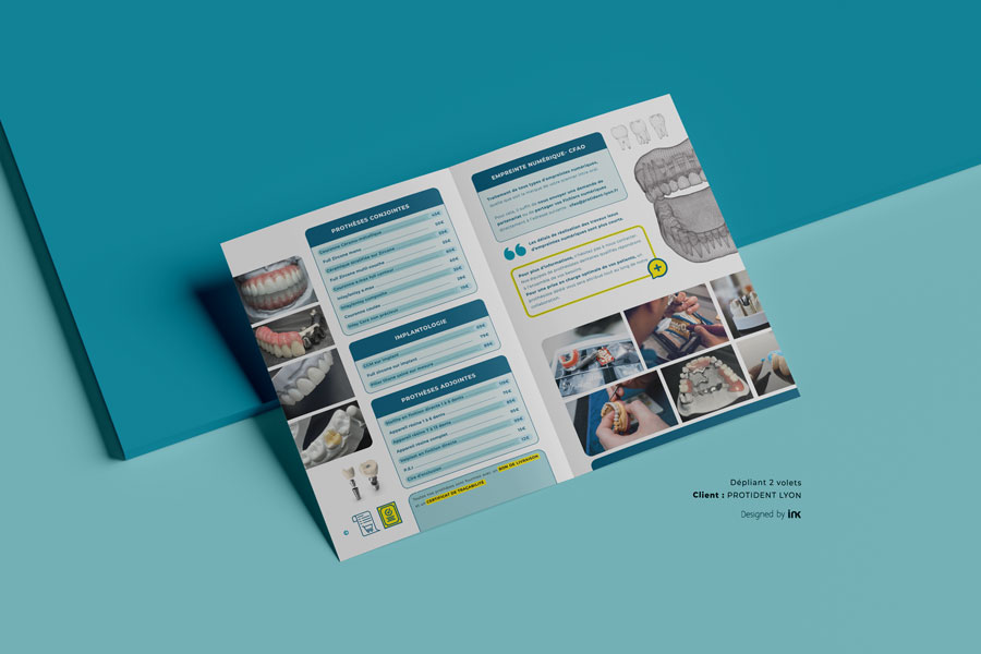 Dépliant A4 deux volets recto pour Protident Lyon - Laboratoire de Prothèse dentaire en France. Design ink conception