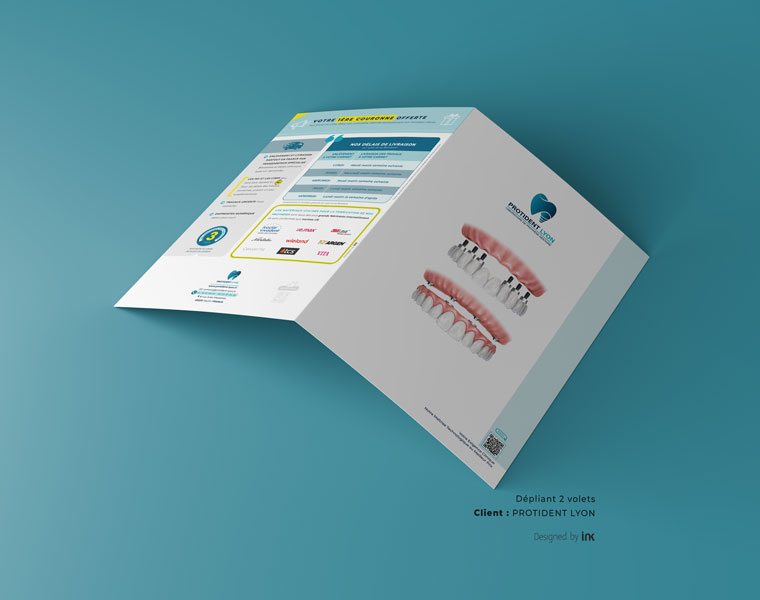 Dépliant A4 deux volets verso pour Protident Lyon - Laboratoire de Prothèse dentaire en France. Réalisation ink conception